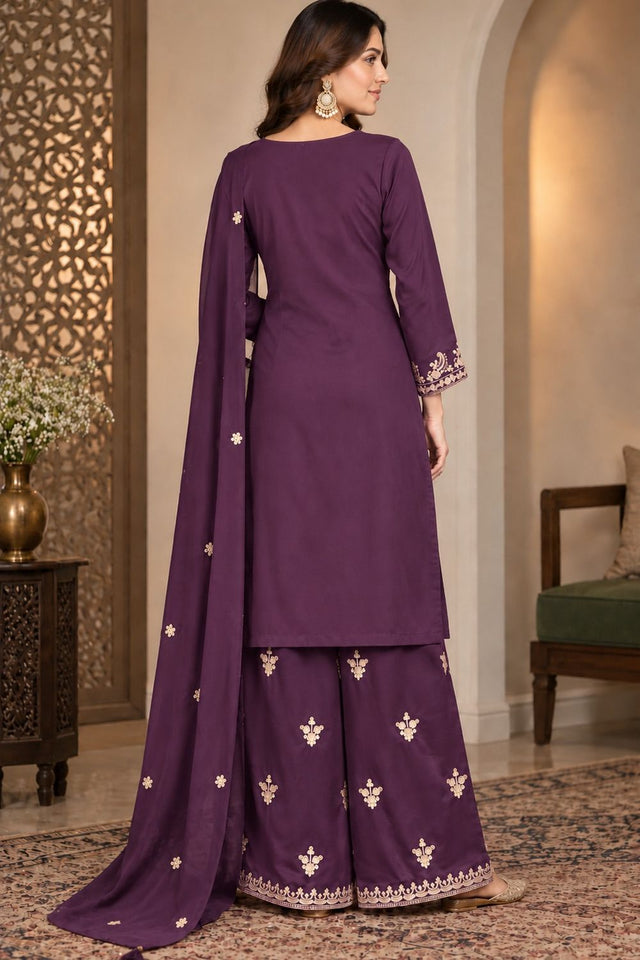 Purple Floral Embroidered Chinon Free Size Stitched Palazzo Suit (ACB2063)