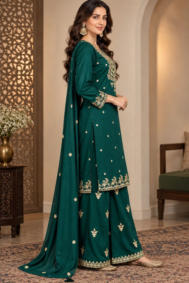 Green Floral Embroidered Chinon Free Size Stitched Palazzo Suit (ACB2064)