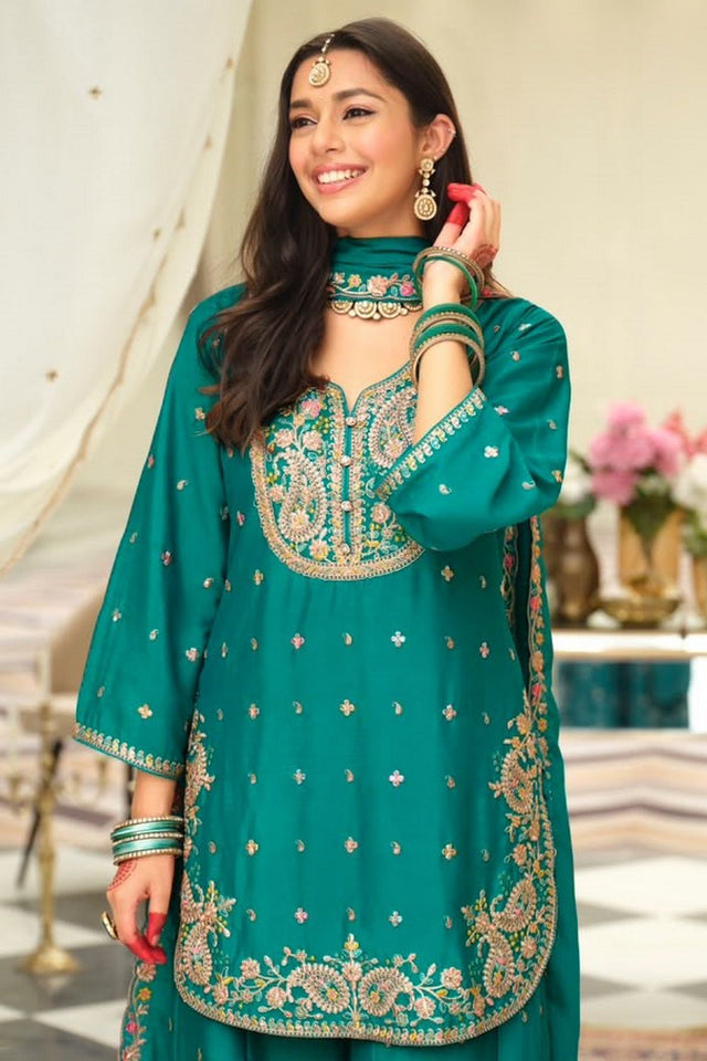 Turquoise Floral Embroidered Chinon Free Size Stitched Palazzo Suit (ACB2065)