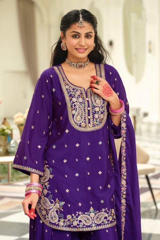 Purple Floral Embroidered Chinon Free Size Stitched Palazzo Suit (ACB2067)