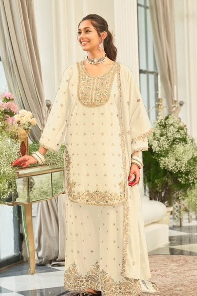 White Floral Embroidered Chinon Free Size Stitched Palazzo Suit (ACB2068)