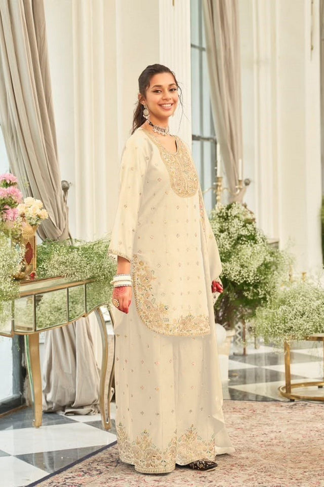 White Floral Embroidered Chinon Free Size Stitched Palazzo Suit (ACB2068)