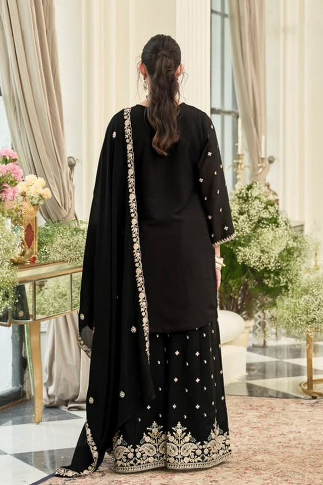 Black Floral Embroidered Chinon Free Size Stitched Palazzo Suit (ACB2069)