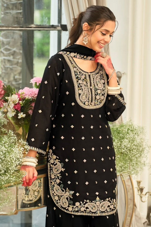 Black Floral Embroidered Chinon Free Size Stitched Palazzo Suit (ACB2069)