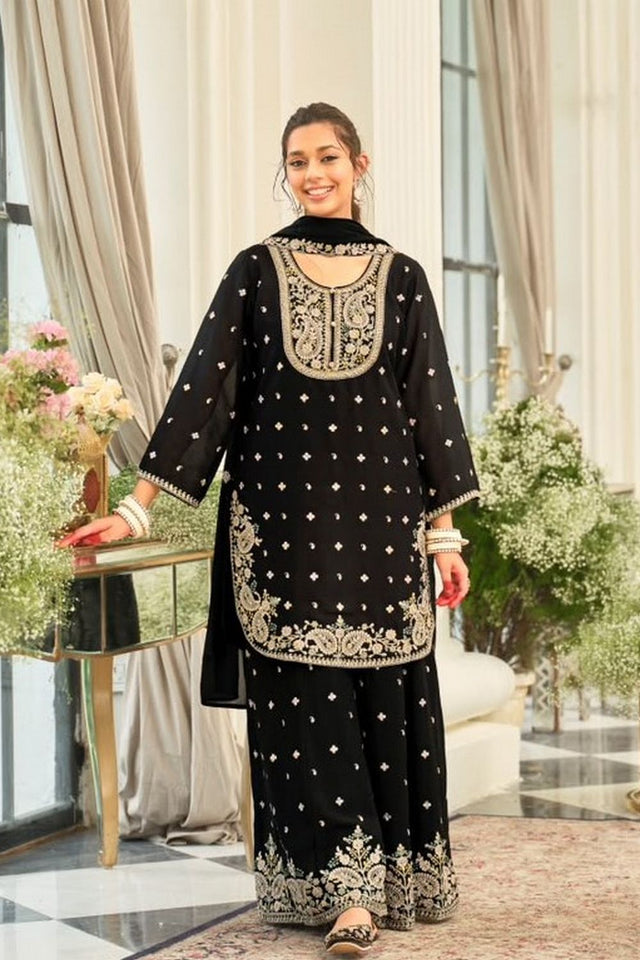 Black Floral Embroidered Chinon Free Size Stitched Palazzo Suit (ACB2069)