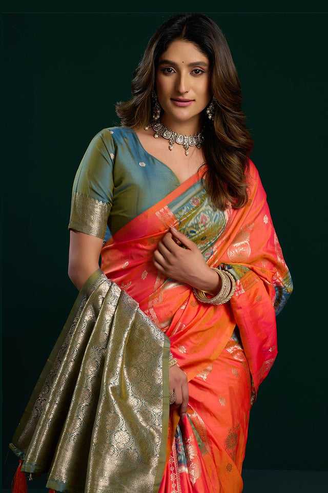 Orange Zari Woven Silk Saree (ACB2071)