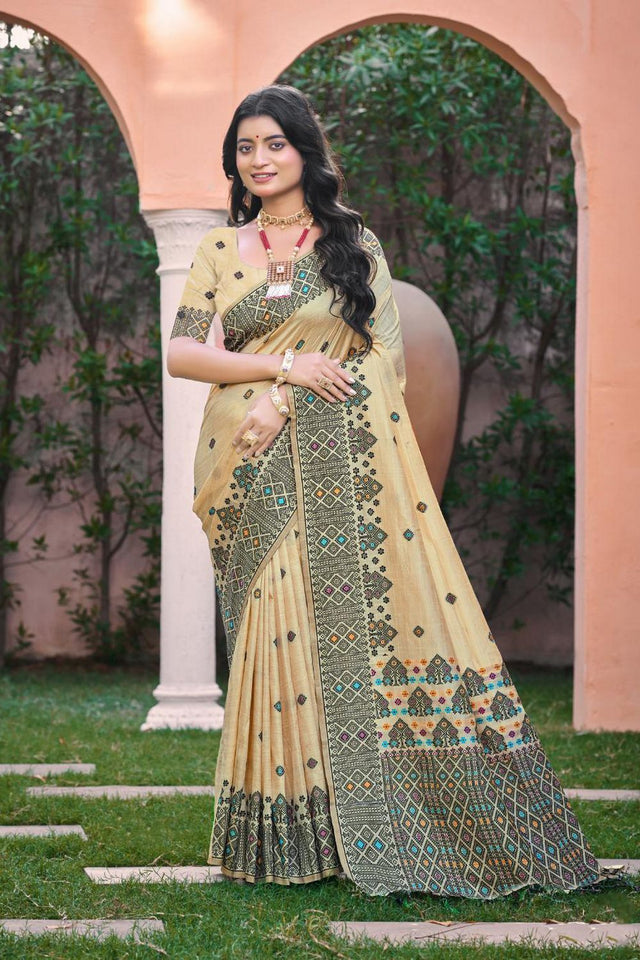 Beige & Black Woven Silk Saree (ACB2077)