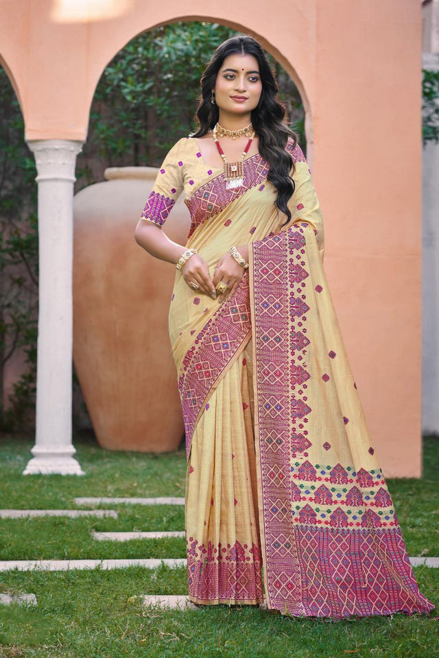 Beige & Pink Woven Silk Saree (ACB2078)
