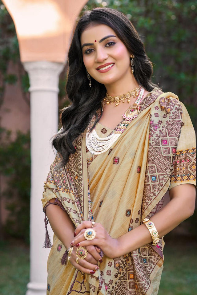 Beige & Wine Woven Silk Saree (ACB2081)