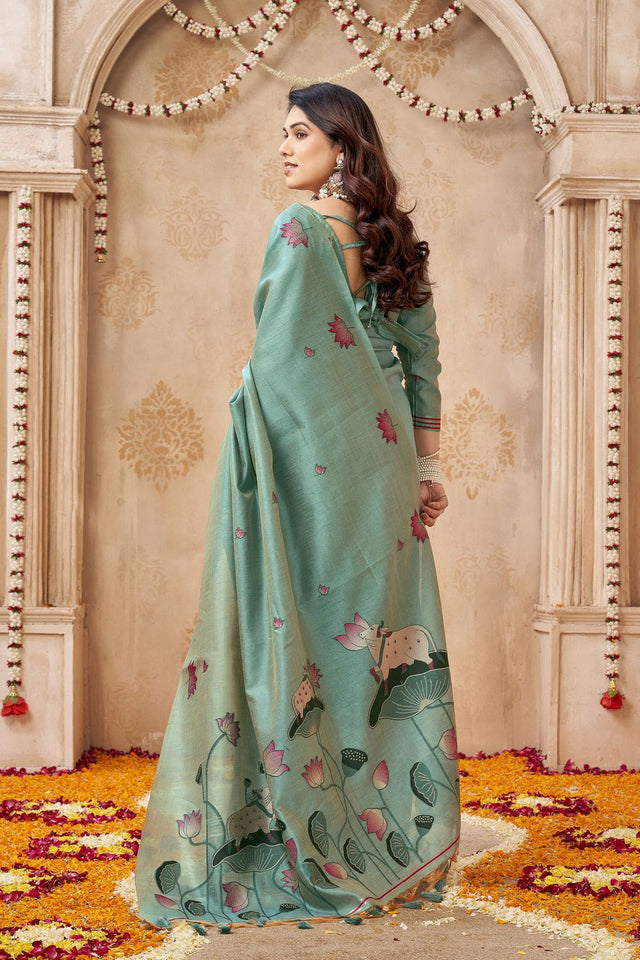 Green Woven with Lotus Design Linen Saree (ACB2082)