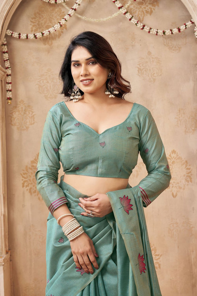 Green Woven with Lotus Design Linen Saree (ACB2082)