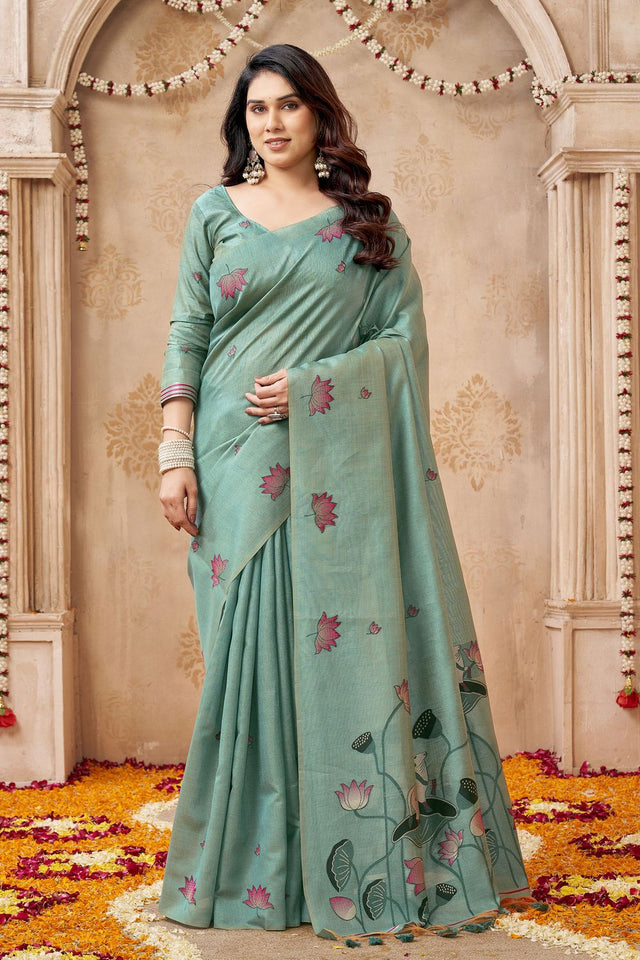Green Woven with Lotus Design Linen Saree (ACB2082)