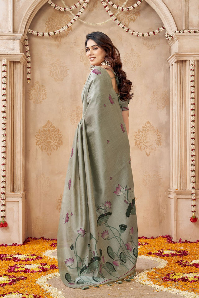 Grey Woven with Lotus Design Linen Saree (ACB2083)