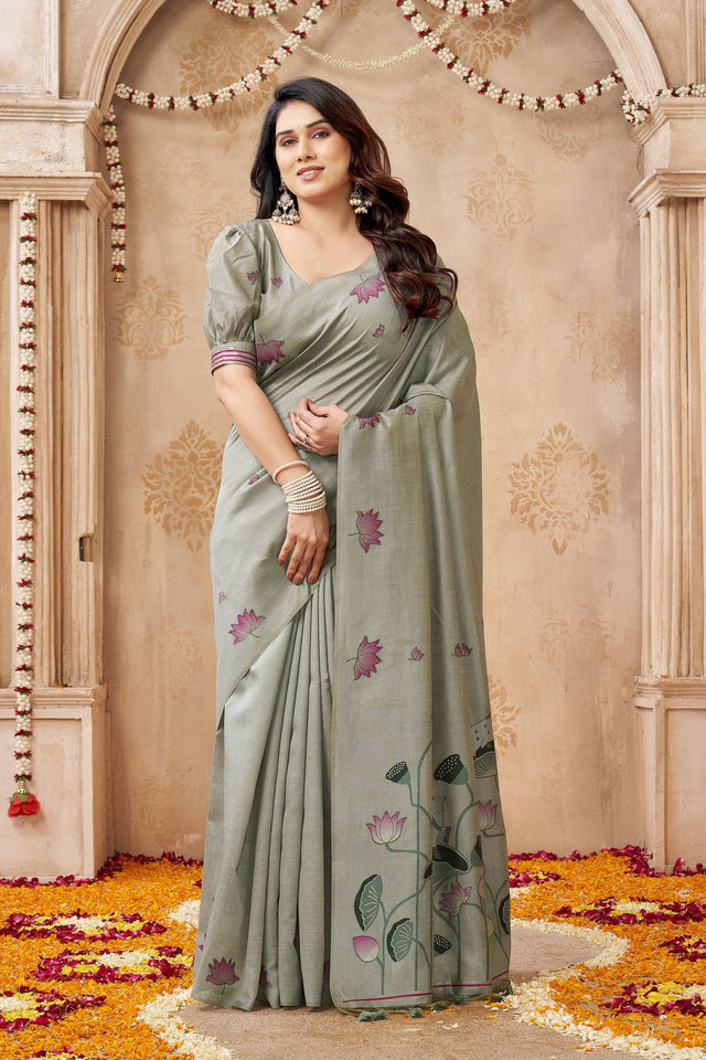 Grey Woven with Lotus Design Linen Saree (ACB2083)