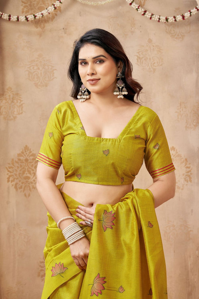 Yellow Woven with Lotus Design Linen Saree (ACB2084)