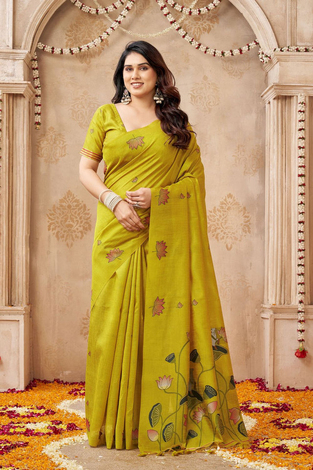 Yellow Woven with Lotus Design Linen Saree (ACB2084)