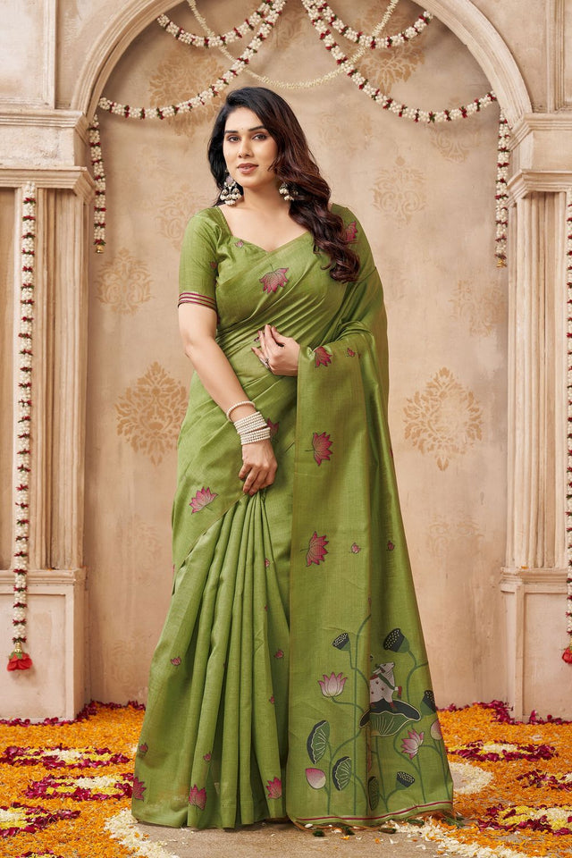 Mehendi Woven with Lotus Design Linen Saree (ACB2086)