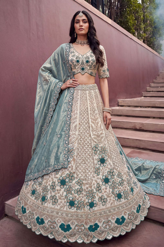 Off White Beads & Sequin with Embroidered Silk Lehenga (ACB2088)