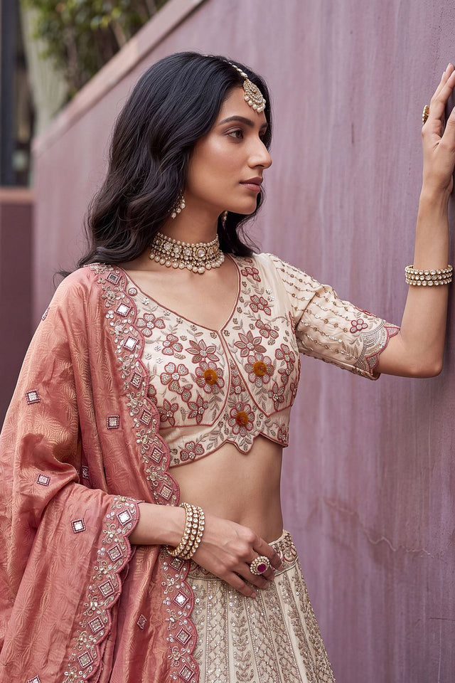 Off White Beads & Sequin with Embroidered Silk Lehenga (ACB2089)