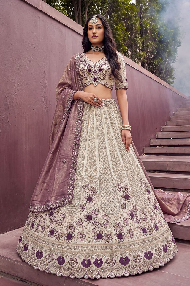 Off White Beads & Sequin with Embroidered Silk Lehenga (ACB2090)