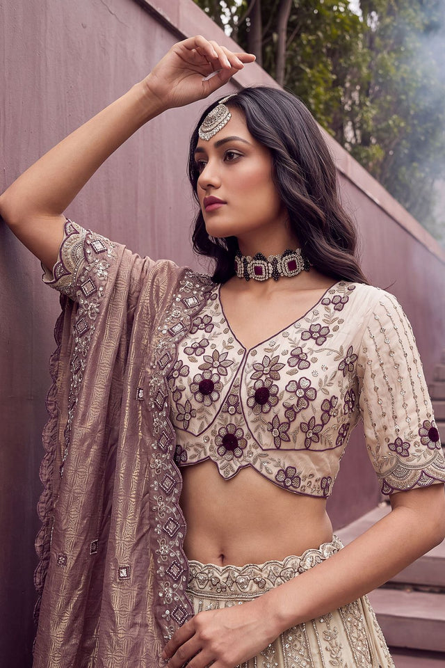 Off White Beads & Sequin with Embroidered Silk Lehenga (ACB2090)