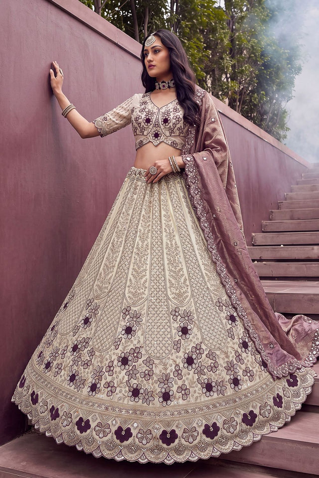 Off White Beads & Sequin with Embroidered Silk Lehenga (ACB2090)