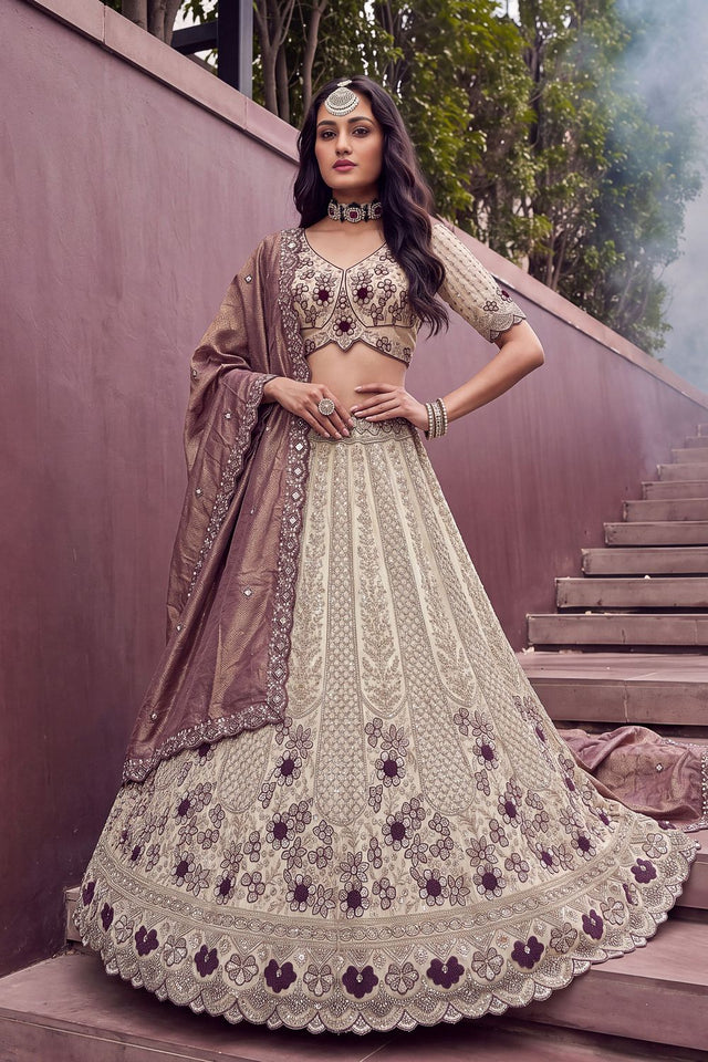 Off White Beads & Sequin with Embroidered Silk Lehenga (ACB2090)