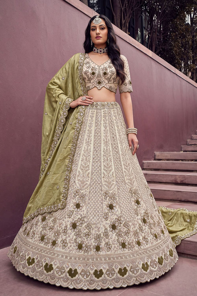Off White Beads & Sequin with Embroidered Silk Lehenga (ACB2091)