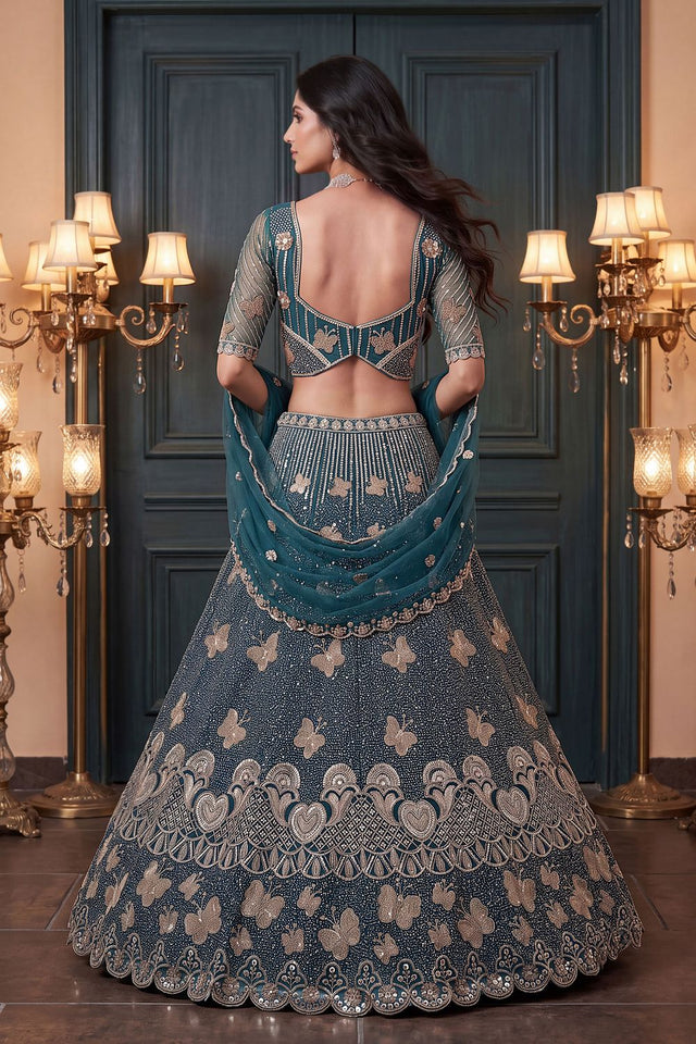 Turquoise Sequin with Embroidered Net Lehenga (ACB2093)