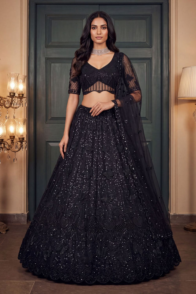 Black Sequin with Embroidered Net Lehenga (ACB2094)