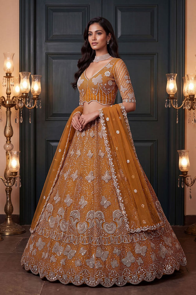 Rust Sequin with Embroidered Net Lehenga (ACB2095)