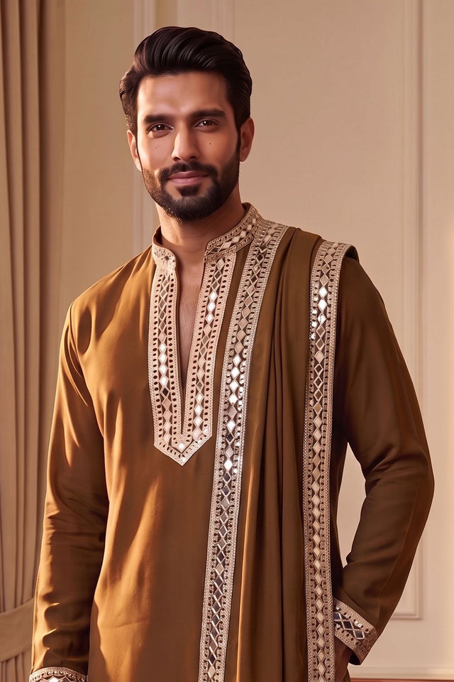 Mens Brown Embroidered with Mirror Work Silk Kurta Pant Set (ACB2096)