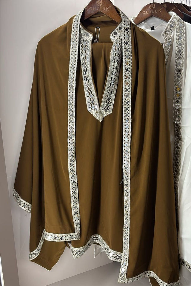 Mens Brown Embroidered with Mirror Work Silk Kurta Pant Set (ACB2096)