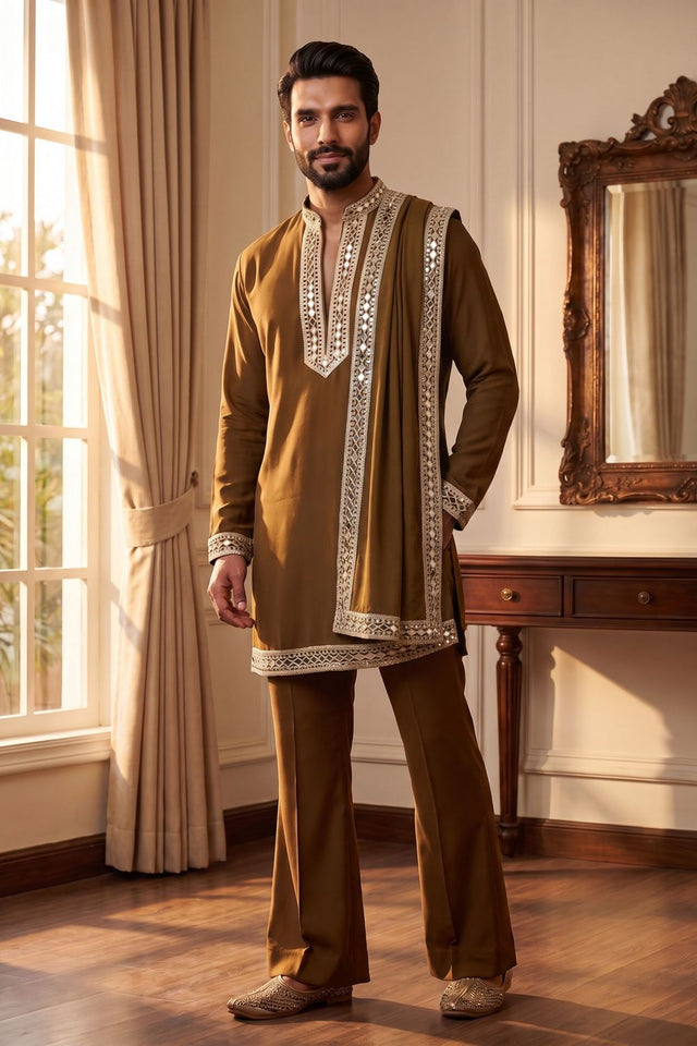 Mens Brown Embroidered with Mirror Work Silk Kurta Pant Set (ACB2096)