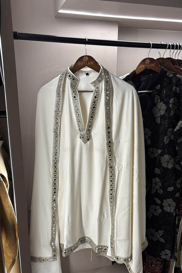 Mens White Embroidered with Mirror Work Silk Kurta Pant Set (ACB2098)
