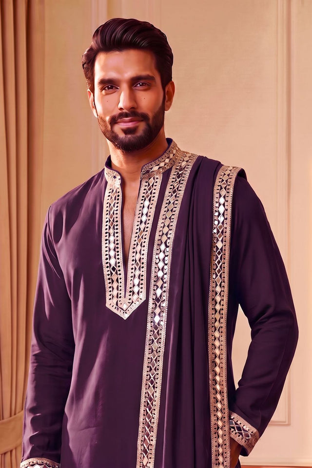 Mens Purple Embroidered with Mirror Work Silk Kurta Pant Set (ACB2099)