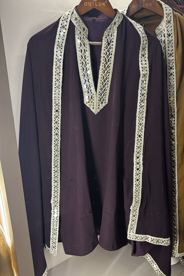 Mens Purple Embroidered with Mirror Work Silk Kurta Pant Set (ACB2099)