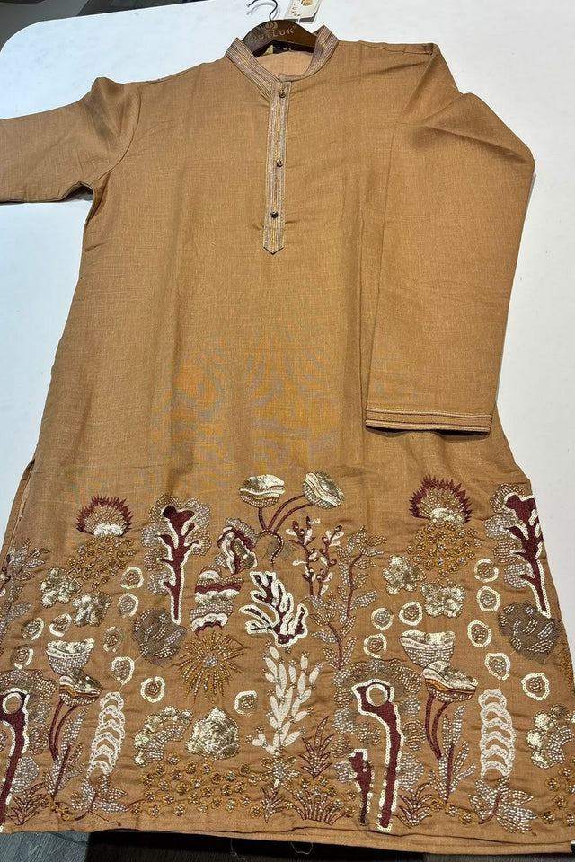 Mens Brown Sequin with Embroidered Linen Kurta Pant Set (ACB2100)