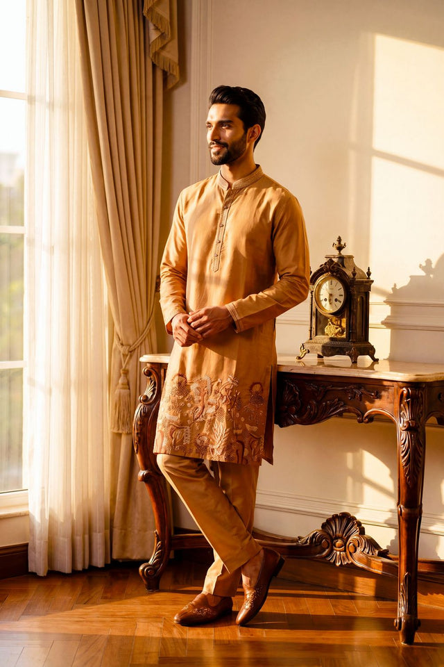 Mens Brown Sequin with Embroidered Linen Kurta Pant Set (ACB2100)