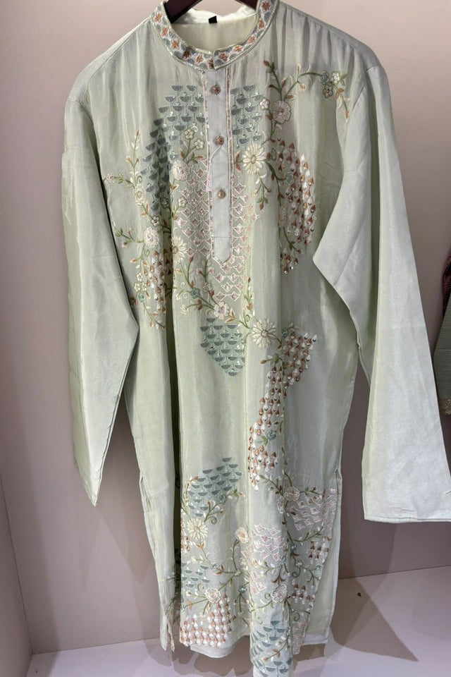 Mens Cream Sequin with Embroidered Tissue Kurta Pant Set (ACB2101)
