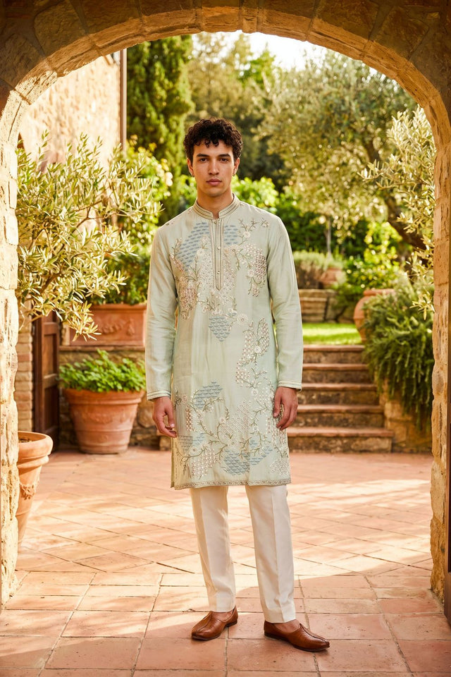 Mens Cream Sequin with Embroidered Tissue Kurta Pant Set (ACB2101)