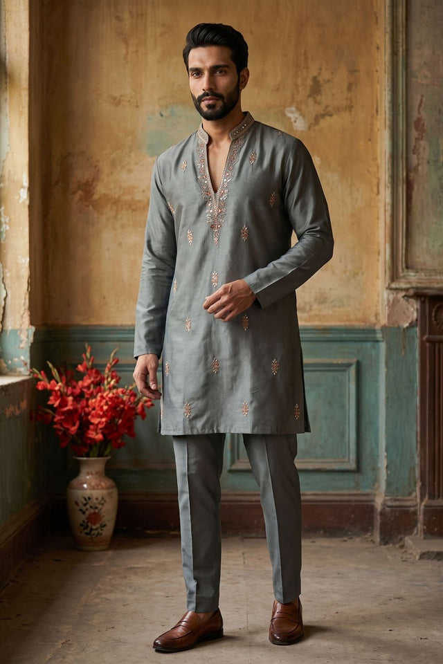 Mens Grey Sequin with Embroidered Silk Kurta Pant Set (ACB2102)