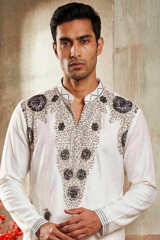Mens White Embroidered Silk Kurta Pant Set (ACB2104)