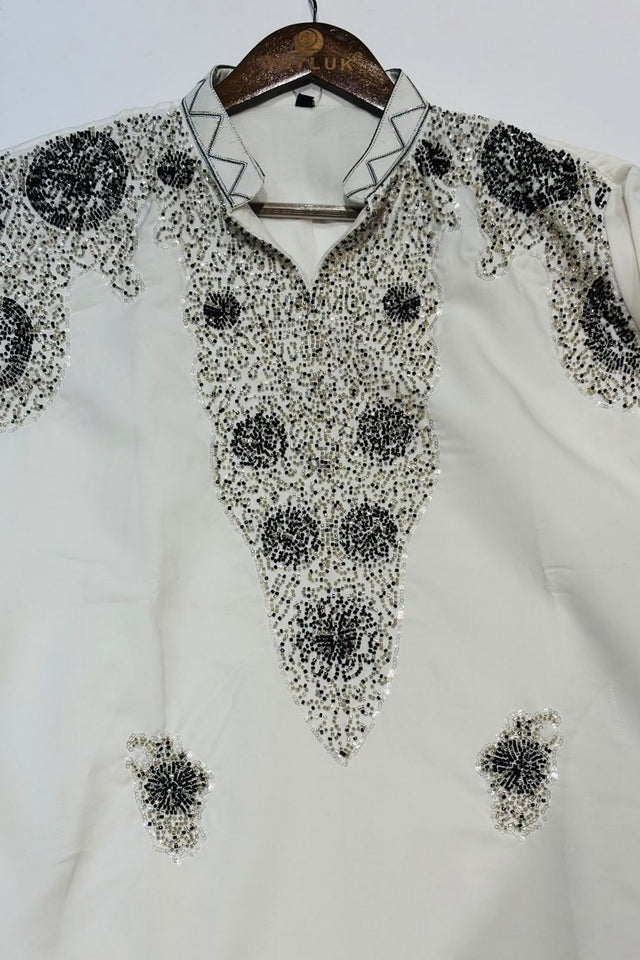 Mens White Embroidered Silk Kurta Pant Set (ACB2104)