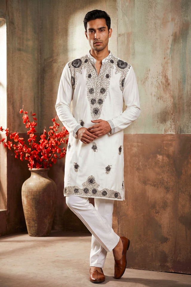 Mens White Embroidered Silk Kurta Pant Set (ACB2104)