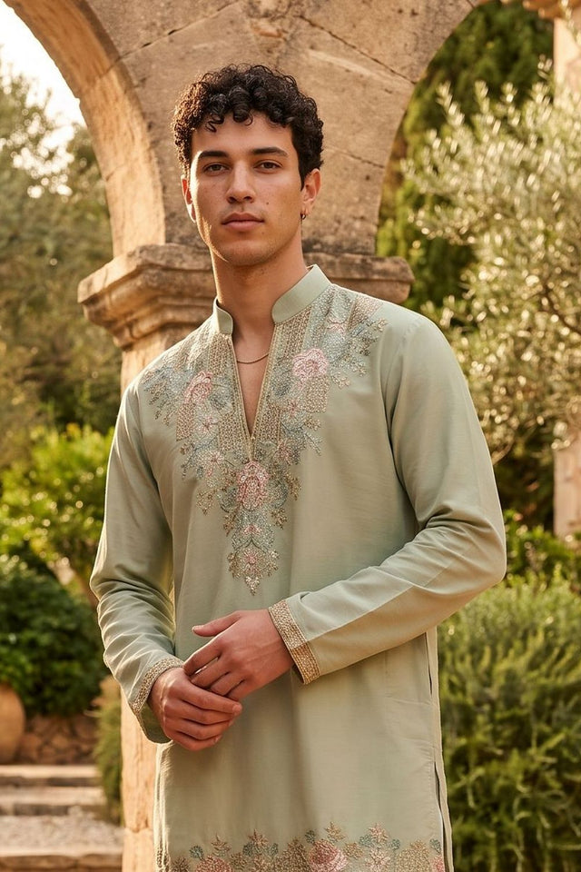 Mens Green Embroidered Georgette Kurta Pant Set (ACB2106)