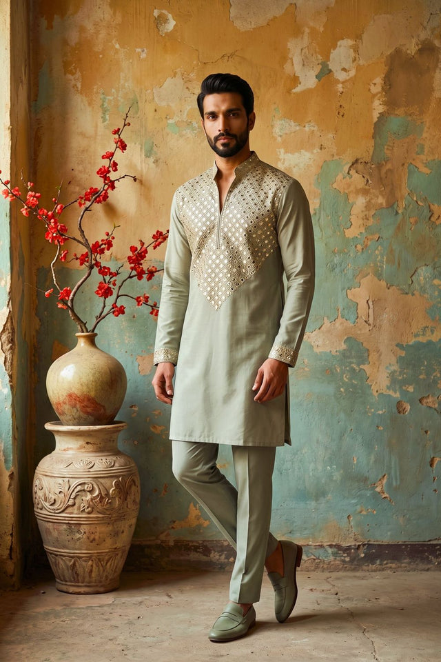 Mens Green Embroidered with Mirror Work Silk Kurta Pant Set (ACB2108)