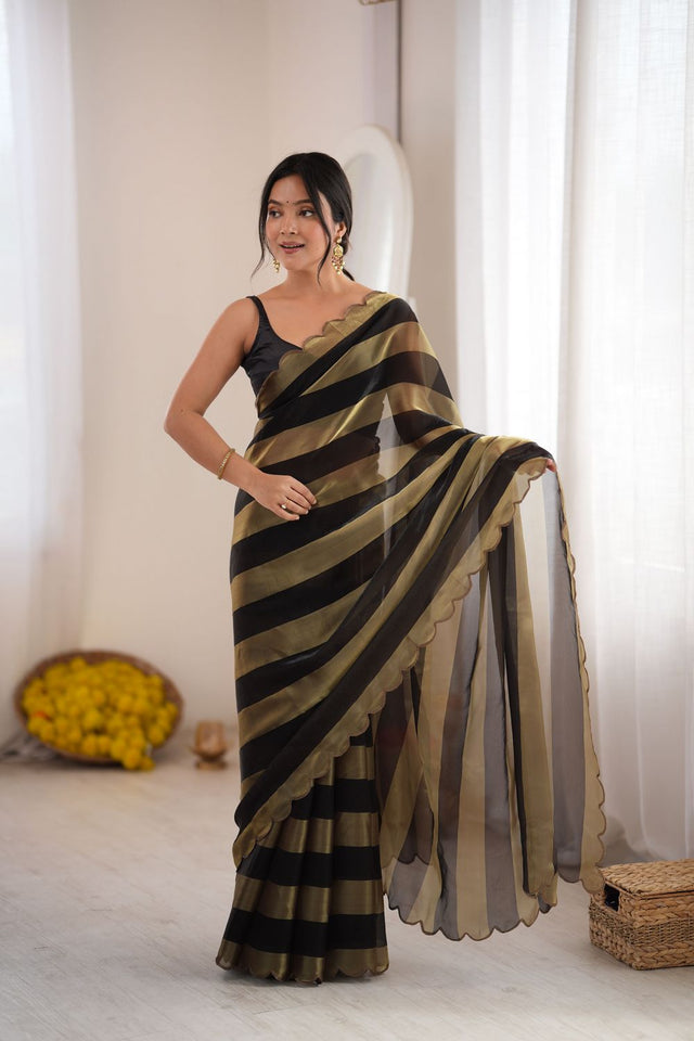 Black Striped Woven Satin Saree (ACB2110)