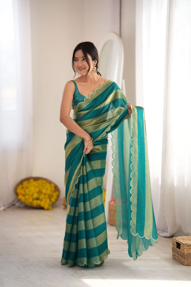 Turquoise Striped Woven Satin Saree (ACB2111)