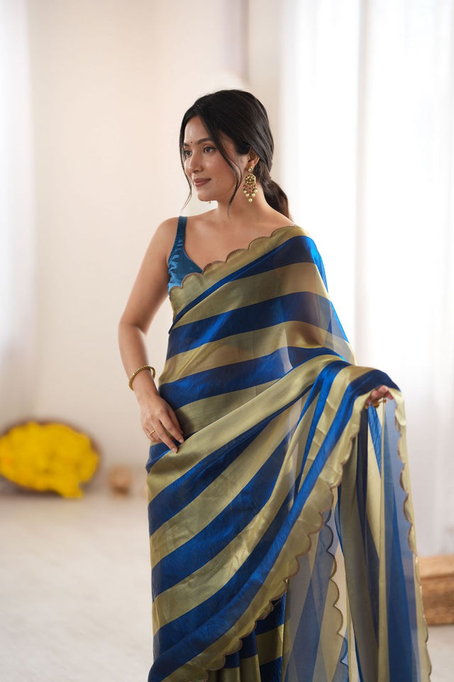Blue Striped Woven Satin Saree (ACB2112)
